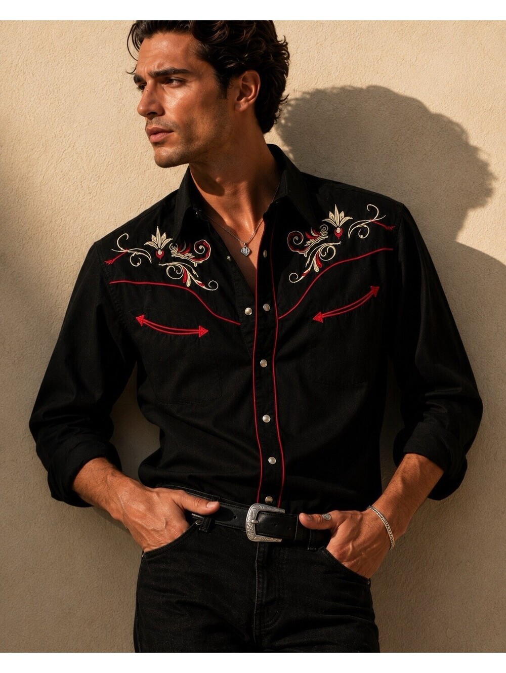 Rockin Clothing Co Western Shirt Black Embroidered Pearl Snap Small Rodeo